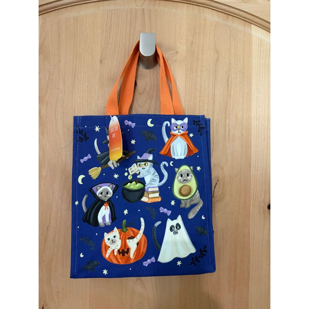 Candy Corn Lane Royal Blue Halloween Costumed Cats Canvas Tote Bag NWT
